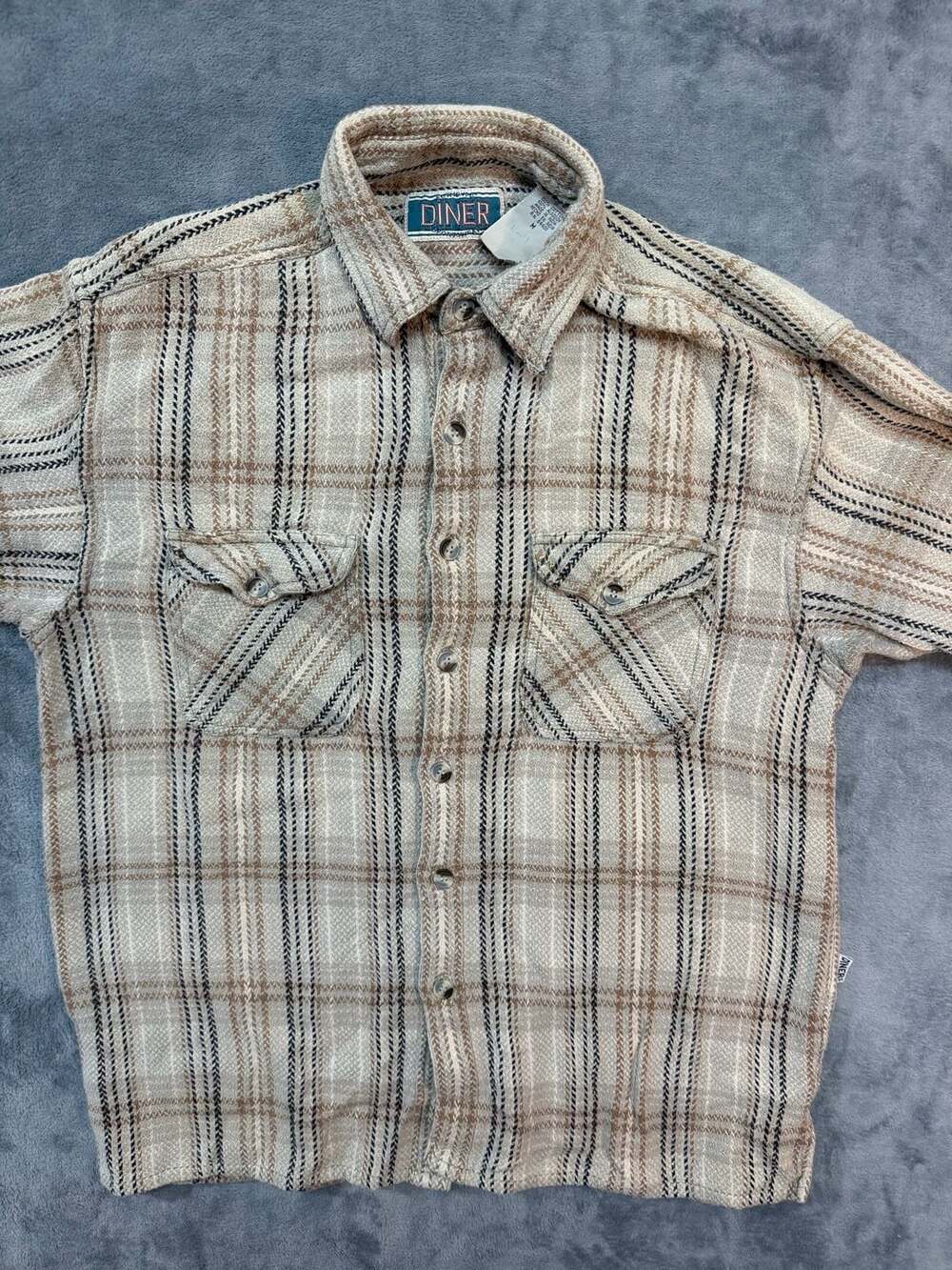 Diner Men's Tan Plaid Button Up Long Sleeve Cotton Shirt Medium